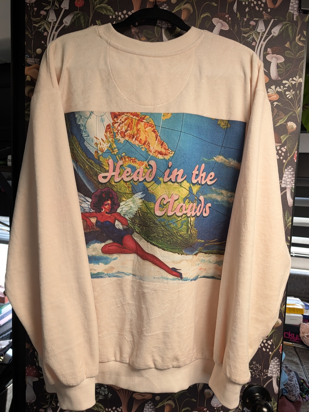 Boys Lie Cream Velour Crewneck Sweatshirt with Vintage Graphic